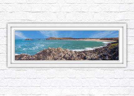 Crantock Beach. Panoramic framed picture print, West Pentire Cornwall beach scene. A choice of picture frames.