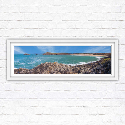 Crantock Beach. Panoramic framed picture print, West Pentire Cornwall beach scene. A choice of picture frames.