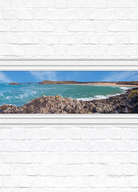Crantock Beach. Panoramic framed picture print, West Pentire Cornwall beach scene. A choice of picture frames.
