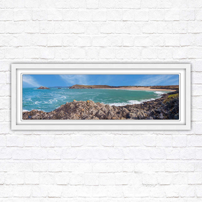 Crantock Beach. Panoramic framed picture print, West Pentire Cornwall beach scene. A choice of picture frames.