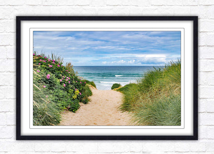 Fistral beach path, Cornwall. Framed picture print with a choice of frame colours. Beach seascape. Surfing, waves. Coastal picture.