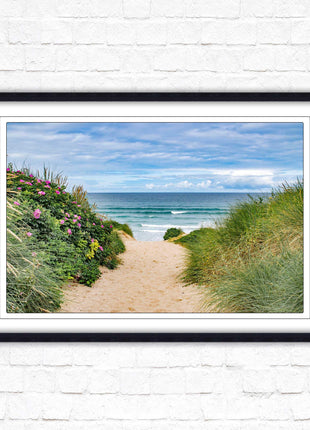 Fistral beach path, Cornwall. Framed picture print with a choice of frame colours. Beach seascape. Surfing, waves. Coastal picture.