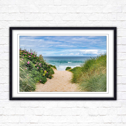 Fistral beach path, Cornwall. Framed picture print with a choice of frame colours. Beach seascape. Surfing, waves. Coastal picture.