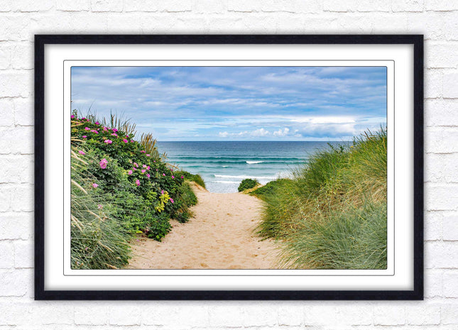 Fistral beach path, Cornwall. Framed picture print with a choice of frame colours. Beach seascape. Surfing, waves. Coastal picture.