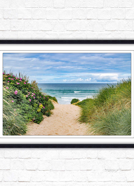 Fistral beach path, Cornwall. Framed picture print with a choice of frame colours. Beach seascape. Surfing, waves. Coastal picture.