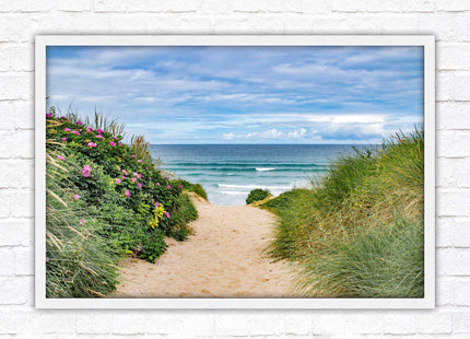 Fistral beach path, Cornwall. Framed picture print with a choice of frame colours. Beach seascape. Surfing, waves. Coastal picture.