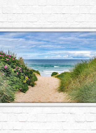 Fistral beach path, Cornwall. Framed picture print with a choice of frame colours. Beach seascape. Surfing, waves. Coastal picture.