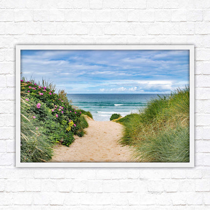 Fistral beach path, Cornwall. Framed picture print with a choice of frame colours. Beach seascape. Surfing, waves. Coastal picture.