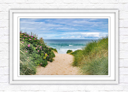 Fistral beach path, Cornwall. Framed picture print with a choice of frame colours. Beach seascape. Surfing, waves. Coastal picture.