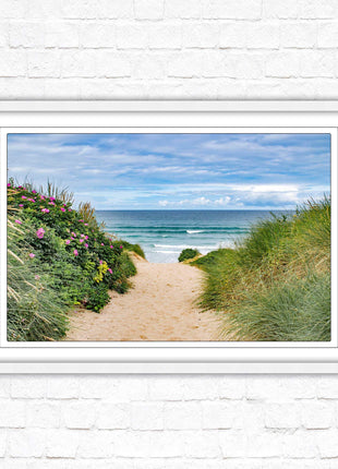 Fistral beach path, Cornwall. Framed picture print with a choice of frame colours. Beach seascape. Surfing, waves. Coastal picture.