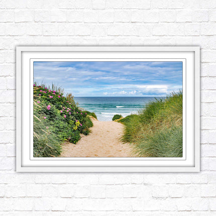 Fistral beach path, Cornwall. Framed picture print with a choice of frame colours. Beach seascape. Surfing, waves. Coastal picture.