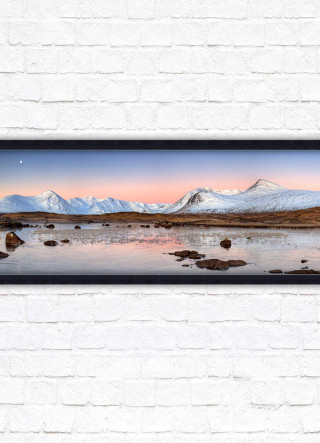 Rannoch Moor, Scotland. Panoramic framed picture print, A choice of picture frames. Sunrise over the lake. Home gift.