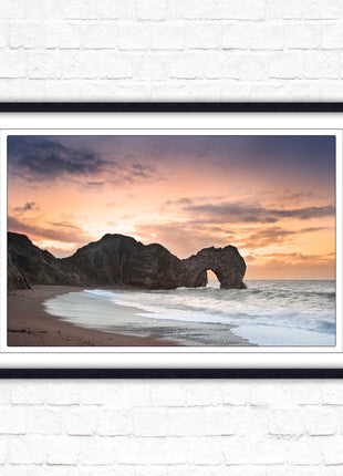 Durdle Door at sunset. Jurassic coast, Dorset. Framed picture print with choice of frame colours