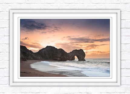 Durdle Door at sunset. Jurassic coast, Dorset. Framed picture print with choice of frame colours