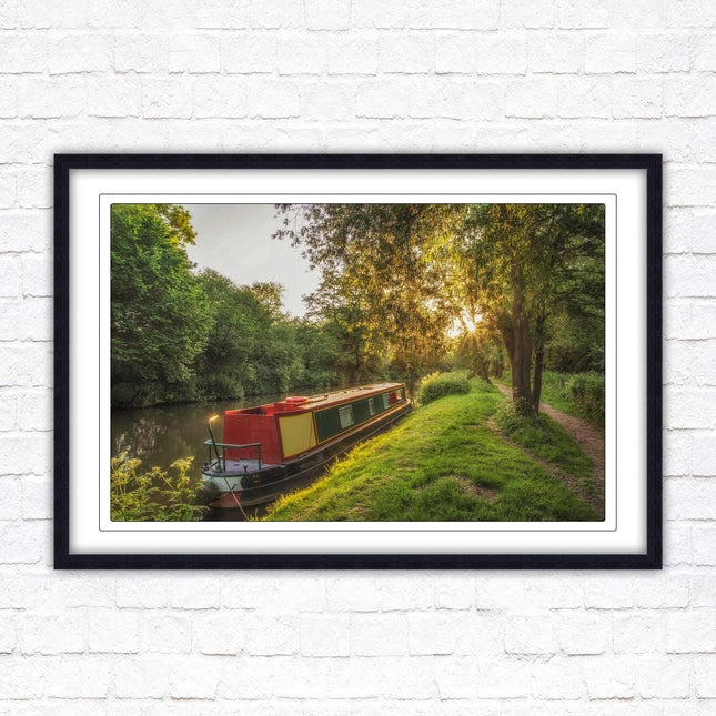 Barge on the canal. Peaceful countryside scenery. Framed picture print with a choice of frame colours.