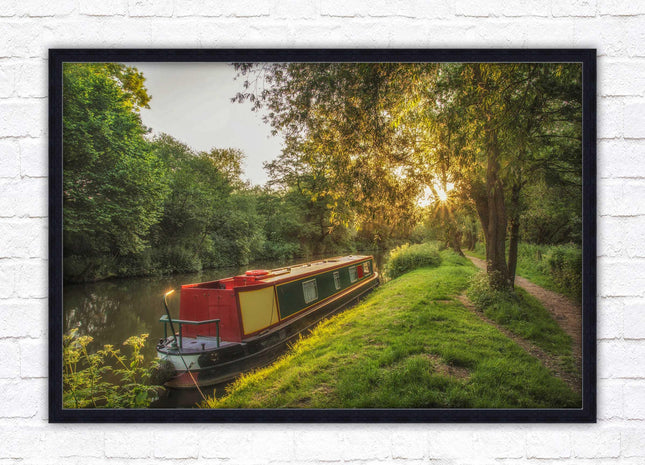 Barge on the canal. Peaceful countryside scenery. Framed picture print with a choice of frame colours.