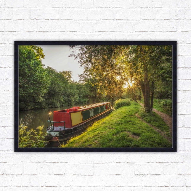 Barge on the canal. Peaceful countryside scenery. Framed picture print with a choice of frame colours.
