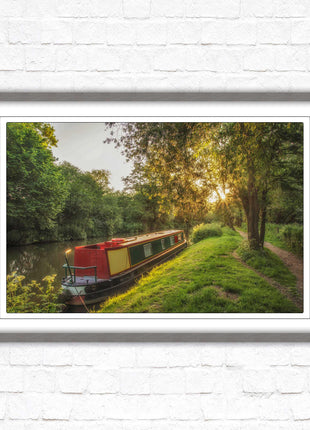 Barge on the canal. Peaceful countryside scenery. Framed picture print with a choice of frame colours.