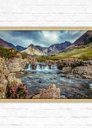 Fairy Pools on Isle of Skye, Scotland. Framed picture with choice of frame colours and options.