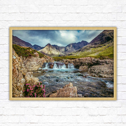 Fairy Pools on Isle of Skye, Scotland. Framed picture with choice of frame colours and options.