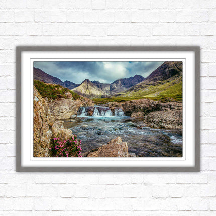 Fairy Pools on Isle of Skye, Scotland. Framed picture with choice of frame colours and options.
