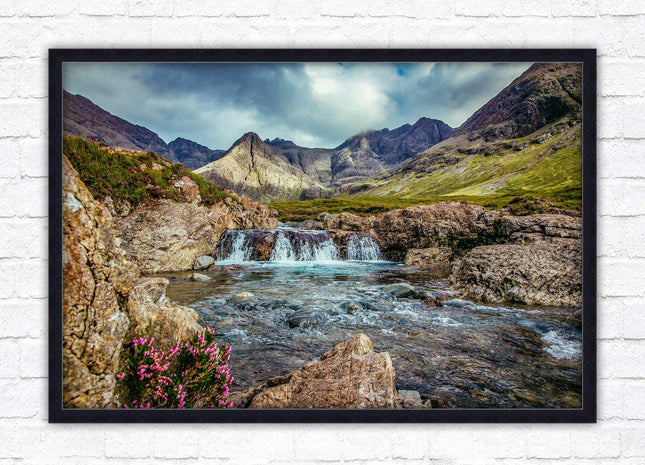 Fairy Pools on Isle of Skye, Scotland. Framed picture with choice of frame colours and options.