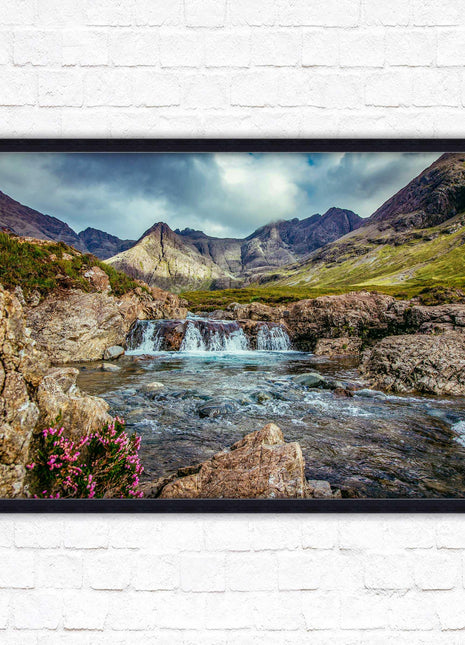 Fairy Pools on Isle of Skye, Scotland. Framed picture with choice of frame colours and options.