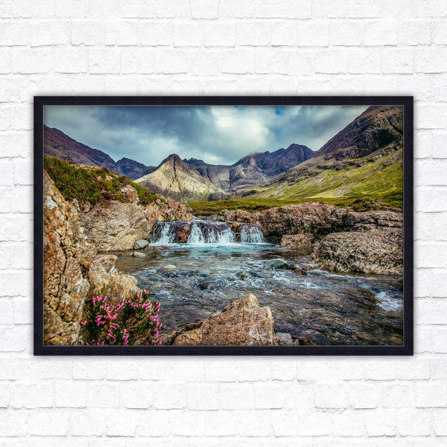 Fairy Pools on Isle of Skye, Scotland. Framed picture with choice of frame colours and options.