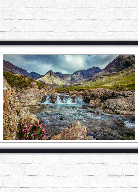 Fairy Pools on Isle of Skye, Scotland. Framed picture with choice of frame colours and options.