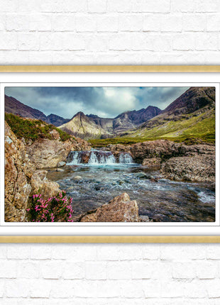 Fairy Pools on Isle of Skye, Scotland. Framed picture with choice of frame colours and options.
