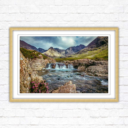 Fairy Pools on Isle of Skye, Scotland. Framed picture with choice of frame colours and options.