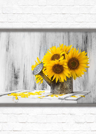Sunflowers printed in frame rustic watering can. Framed picture with choice of frame colours frame included