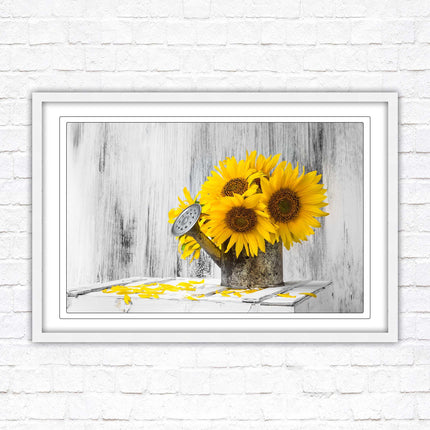 Sunflowers printed in frame rustic watering can. Framed picture with choice of frame colours frame included