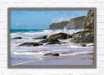 Watergate Bay, Cornwall. Framed picture print with choice of frame colours. Rugged Cornish coastline.
