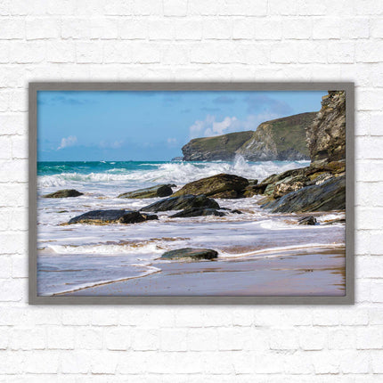 Watergate Bay, Cornwall. Framed picture print with choice of frame colours. Rugged Cornish coastline.