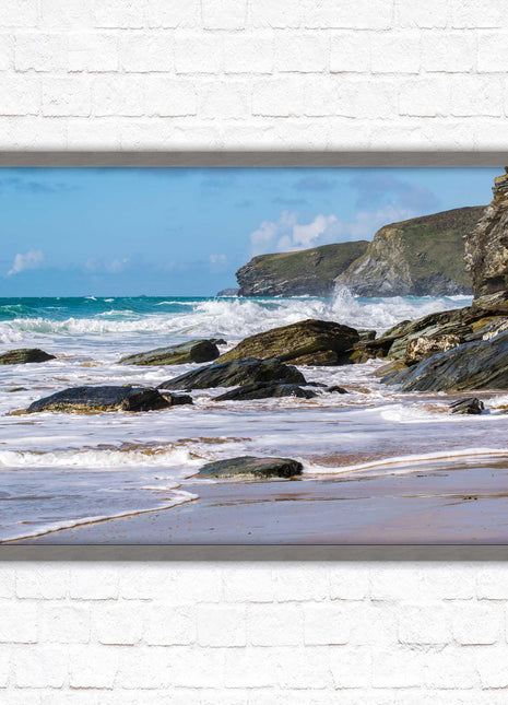 Watergate Bay, Cornwall. Framed picture print with choice of frame colours. Rugged Cornish coastline.