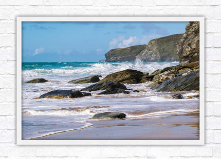 Watergate Bay, Cornwall. Framed picture print with choice of frame colours. Rugged Cornish coastline.
