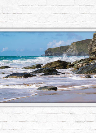 Watergate Bay, Cornwall. Framed picture print with choice of frame colours. Rugged Cornish coastline.