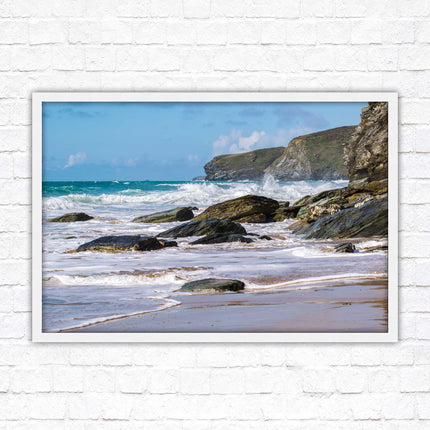Watergate Bay, Cornwall. Framed picture print with choice of frame colours. Rugged Cornish coastline.