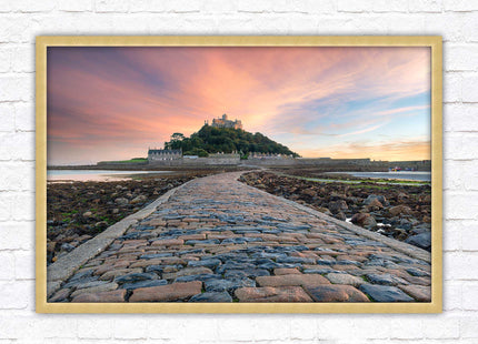 St Michael's Mount at sunset. Cornwall. Framed picture print with a choice of frame colours. Beach seascape, tourist destination.