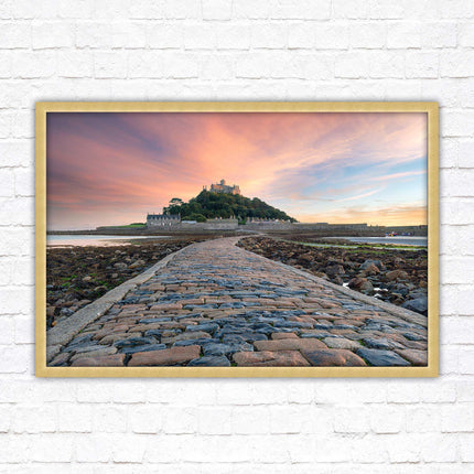 St Michael's Mount at sunset. Cornwall. Framed picture print with a choice of frame colours. Beach seascape, tourist destination.