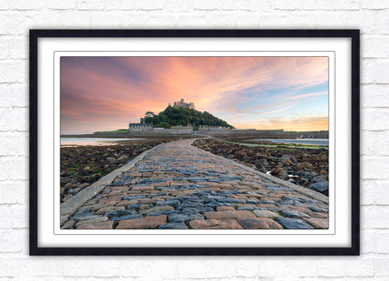 St Michael's Mount at sunset. Cornwall. Framed picture print with a choice of frame colours. Beach seascape, tourist destination.