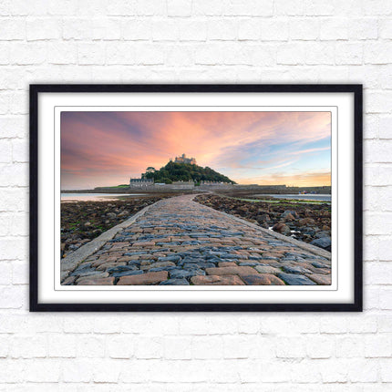 St Michael's Mount at sunset. Cornwall. Framed picture print with a choice of frame colours. Beach seascape, tourist destination.