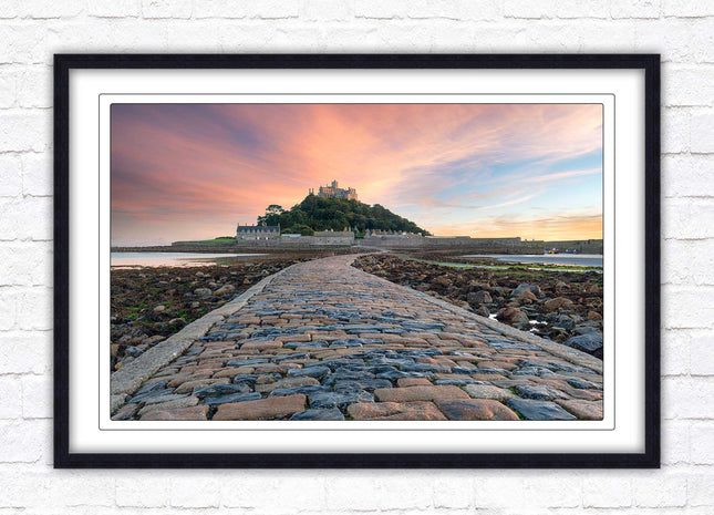St Michael's Mount at sunset. Cornwall. Framed picture print with a choice of frame colours. Beach seascape, tourist destination.