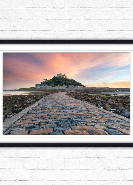 St Michael&#39;s Mount at sunset. Cornwall. Framed picture print with a choice of frame colours. Beach seascape, tourist destination.