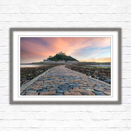 St Michael's Mount at sunset. Cornwall. Framed picture print with a choice of frame colours. Beach seascape, tourist destination.