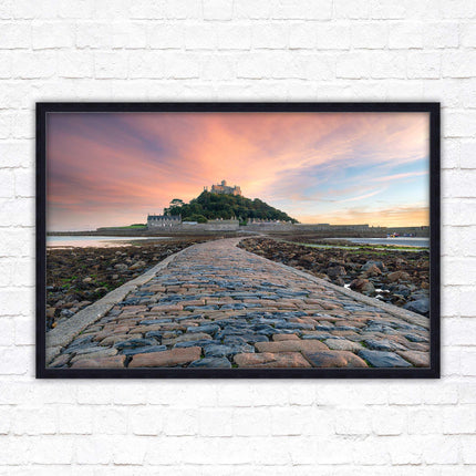 St Michael's Mount at sunset. Cornwall. Framed picture print with a choice of frame colours. Beach seascape, tourist destination.