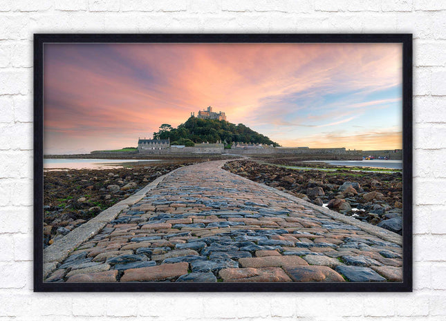 St Michael's Mount at sunset. Cornwall. Framed picture print with a choice of frame colours. Beach seascape, tourist destination.