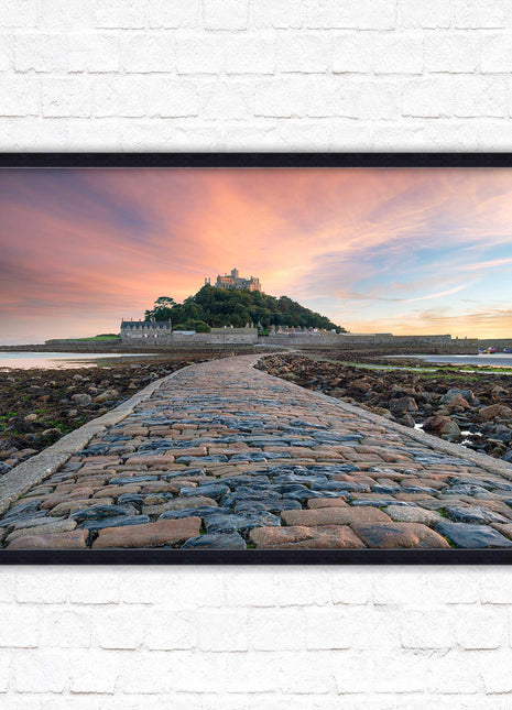 St Michael&#39;s Mount at sunset. Cornwall. Framed picture print with a choice of frame colours. Beach seascape, tourist destination.