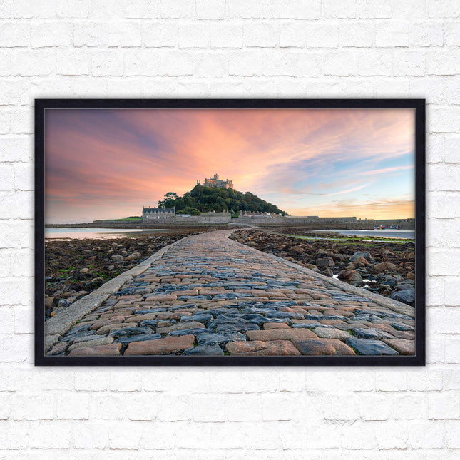 St Michael's Mount at sunset. Cornwall. Framed picture print with a choice of frame colours. Beach seascape, tourist destination.